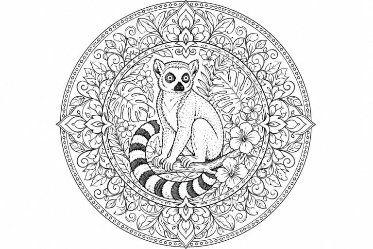 Lemuren-Dschungelmandala - Ausmalbild ab Erwachsene