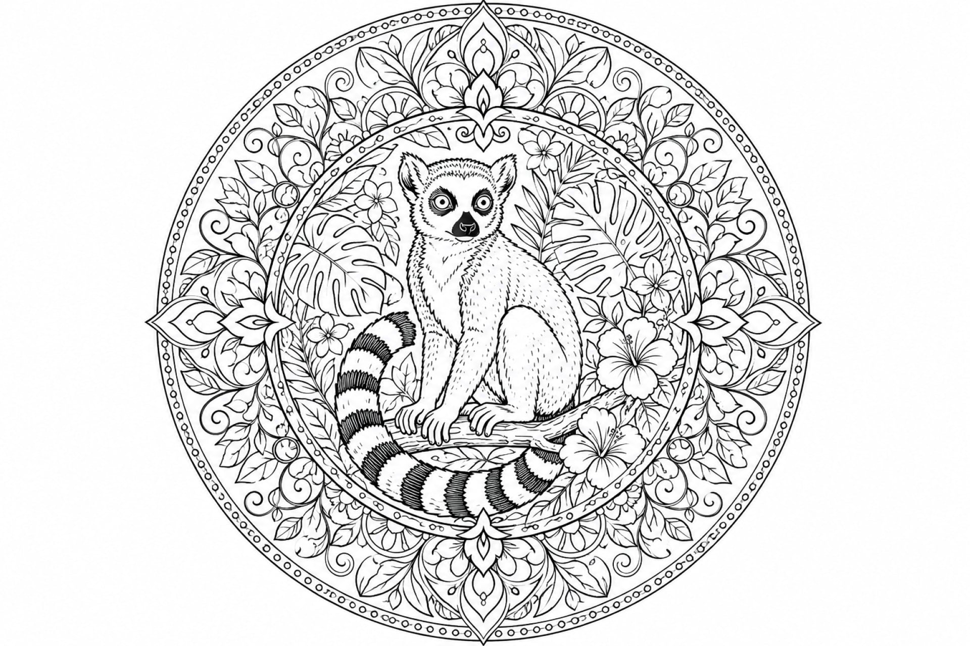Lemuren-Dschungelmandala - Ausmalbild ab Erwachsene