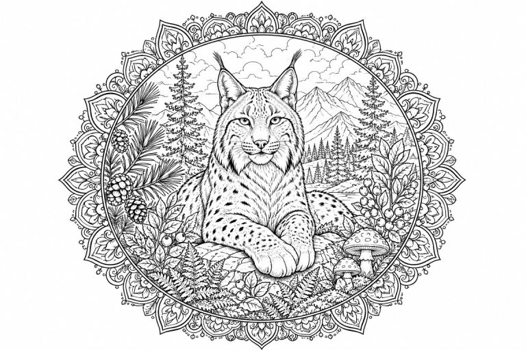 Luchs-Waldmandala - Ausmalbild ab Erwachsene