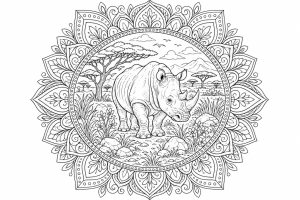 Nashorn-Savannenmandala - Ausmalbild ab Erwachsene