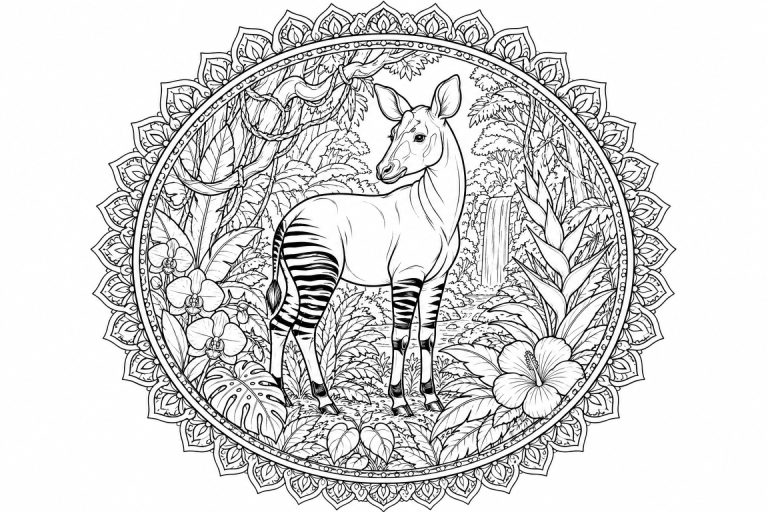 Okapi-Regenwaldmandala - Ausmalbild ab Erwachsene