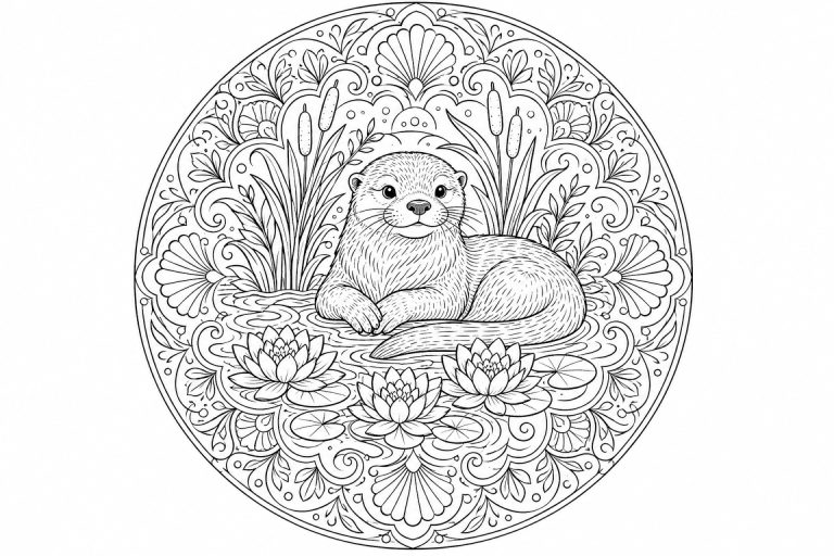 Otter-Seerosenmandala - Ausmalbild ab Erwachsene