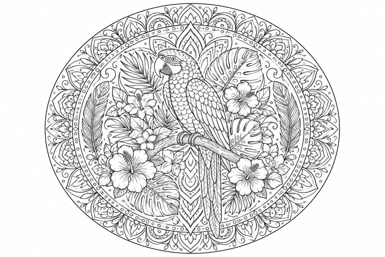 Papageien-Tropenmandala - Ausmalbild ab Erwachsene