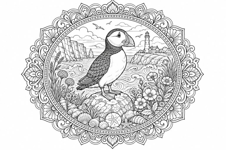 Papageitaucher-Küstenmandala - Ausmalbild ab Erwachsene