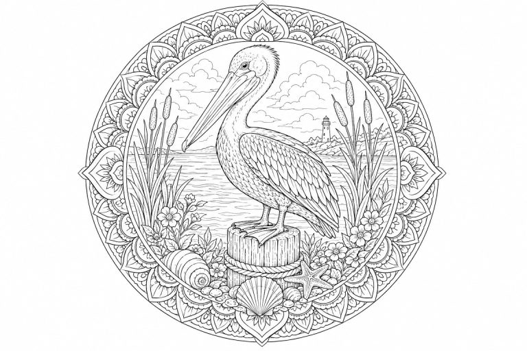 Pelikan-Küstenmandala - Ausmalbild ab Erwachsene