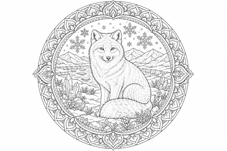 Polarfuchs-Wintermandala - Ausmalbild ab Erwachsene