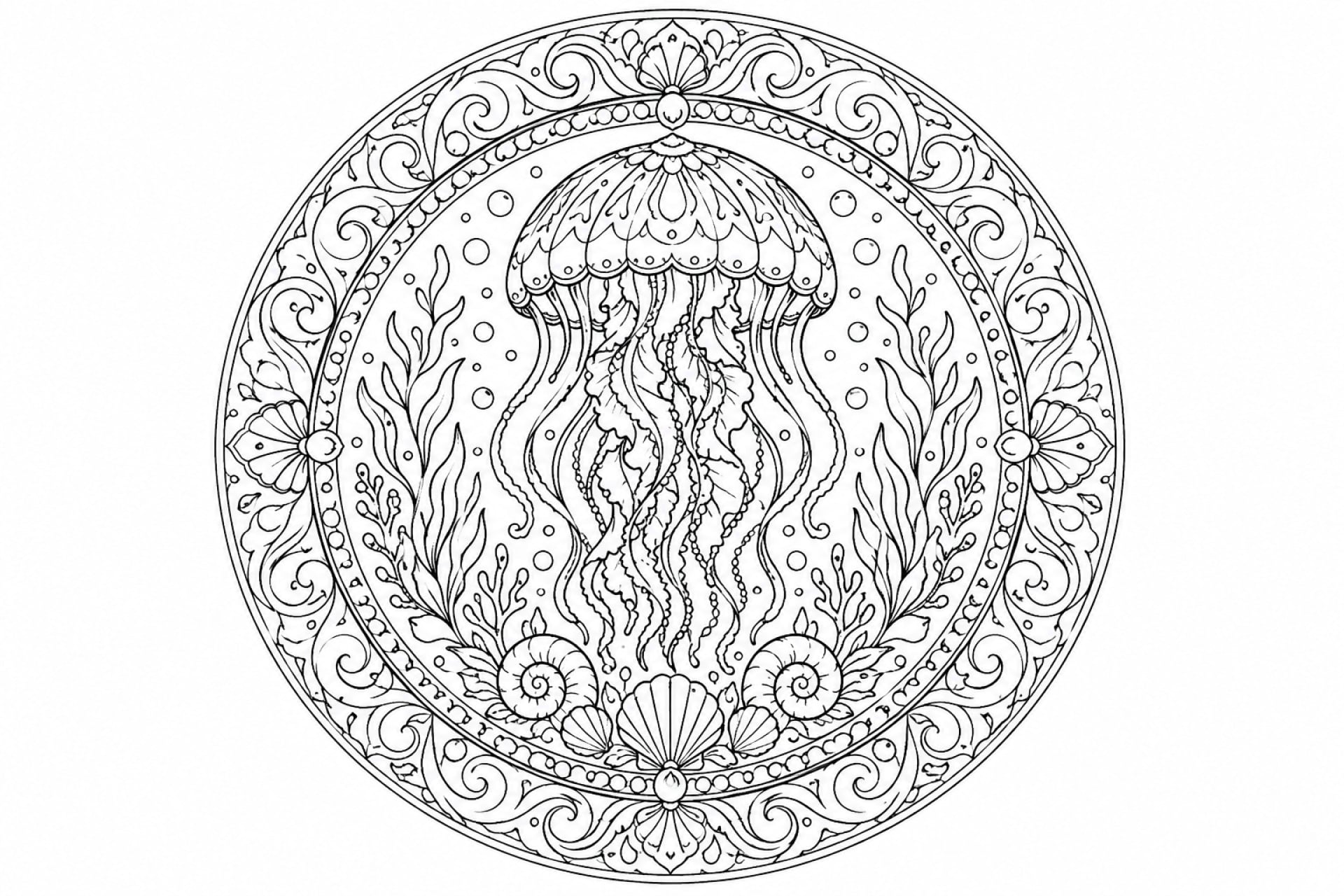 Quallen-Ozeanmandala - Ausmalbild ab Erwachsene