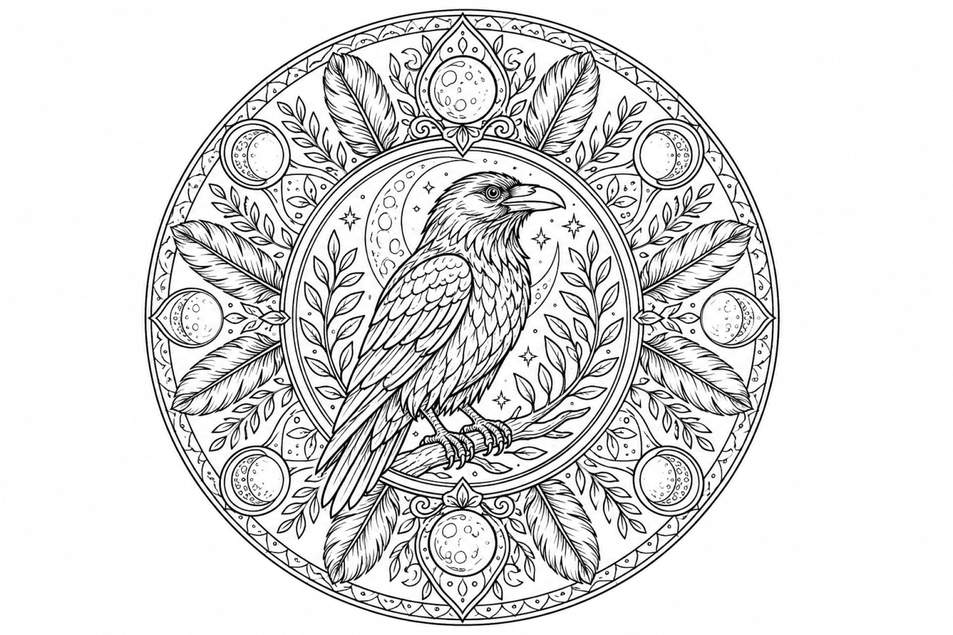 Raben-Mondmandala - Ausmalbild ab Erwachsene