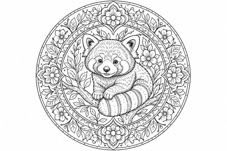 Roter-Panda-Blütenmandala - Ausmalbild ab Erwachsene