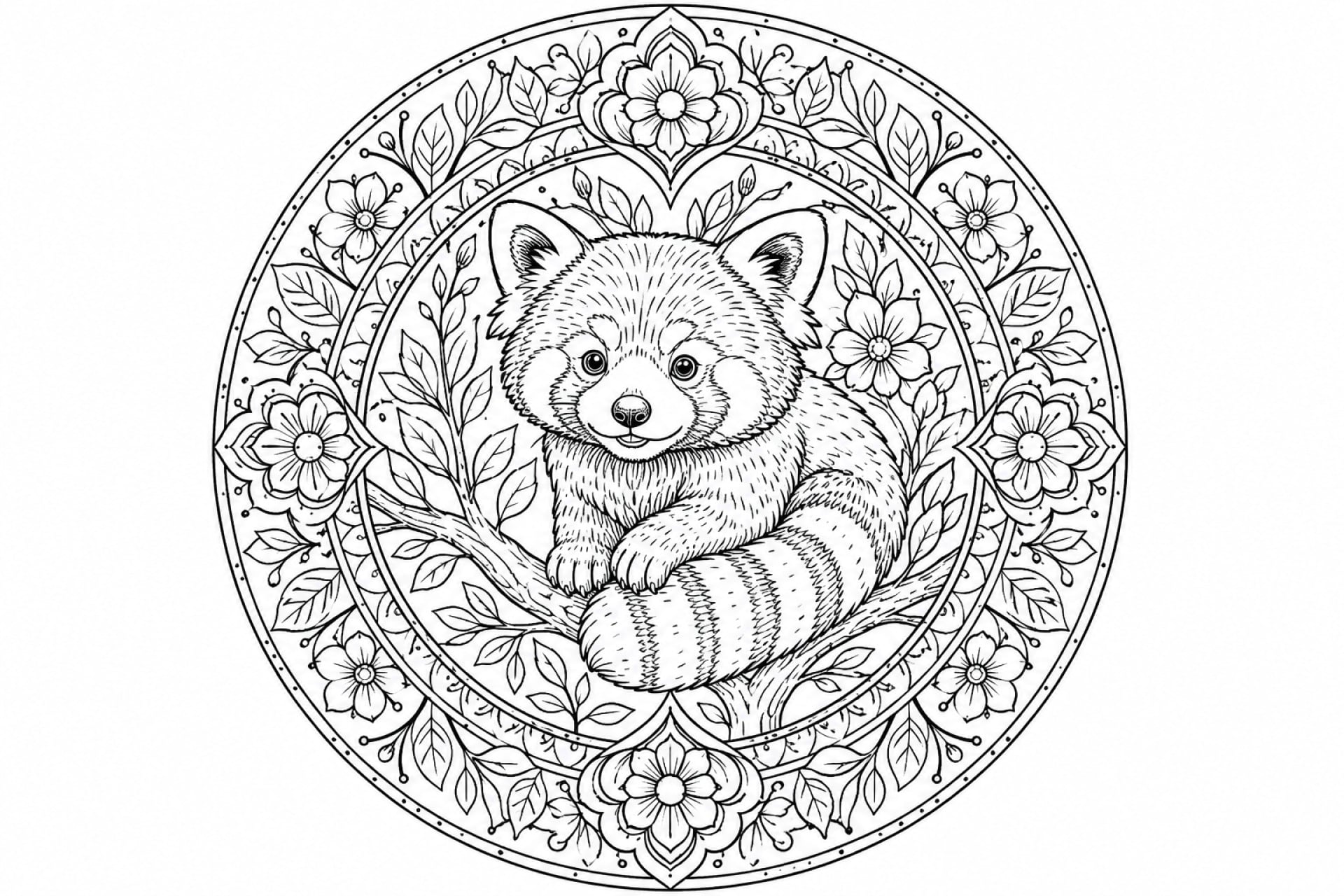 Roter-Panda-Blütenmandala - Ausmalbild ab Erwachsene