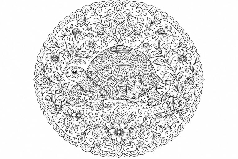 Schildkröten-Gartenmandala - Ausmalbild ab Erwachsene