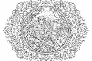 Schimpansen-Dschungelmandala - Ausmalbild ab Erwachsene