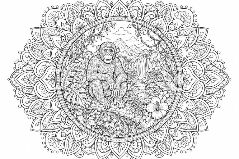 Schimpansen-Dschungelmandala - Ausmalbild ab Erwachsene