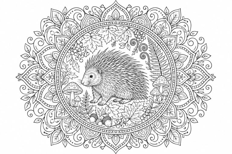 Stachelschwein-Herbstmandala - Ausmalbild ab Erwachsene