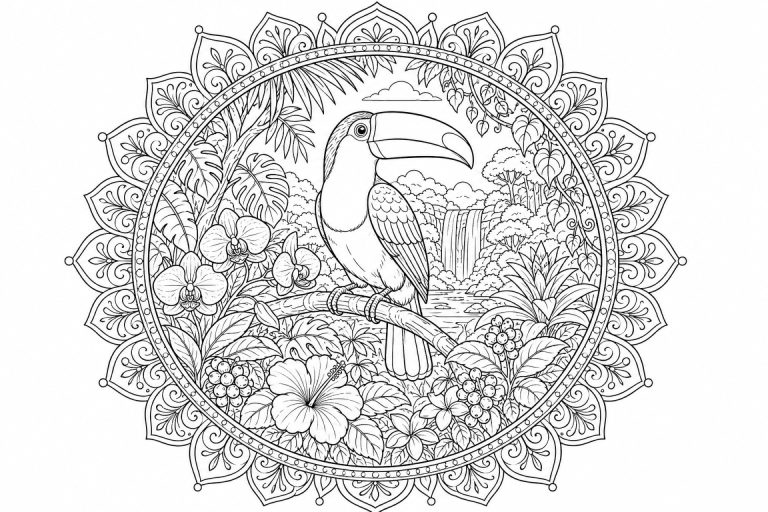 Tukan-Regenwaldmandala - Ausmalbild ab Erwachsene