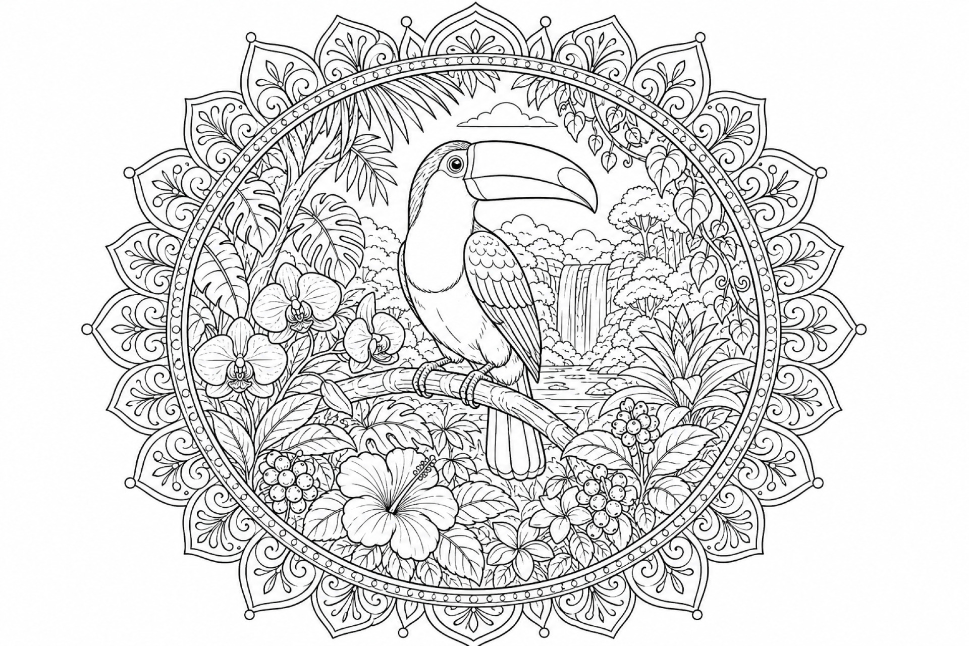 Tukan-Regenwaldmandala - Ausmalbild ab Erwachsene