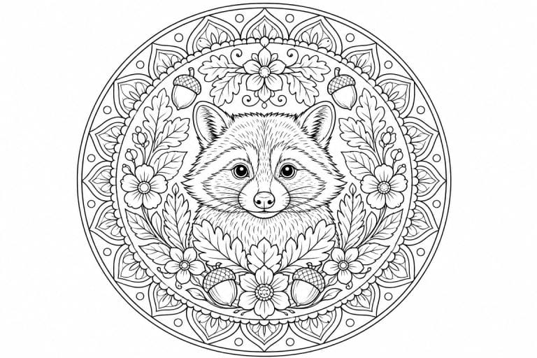 Waschbär-Waldmandala - Ausmalbild ab Erwachsene