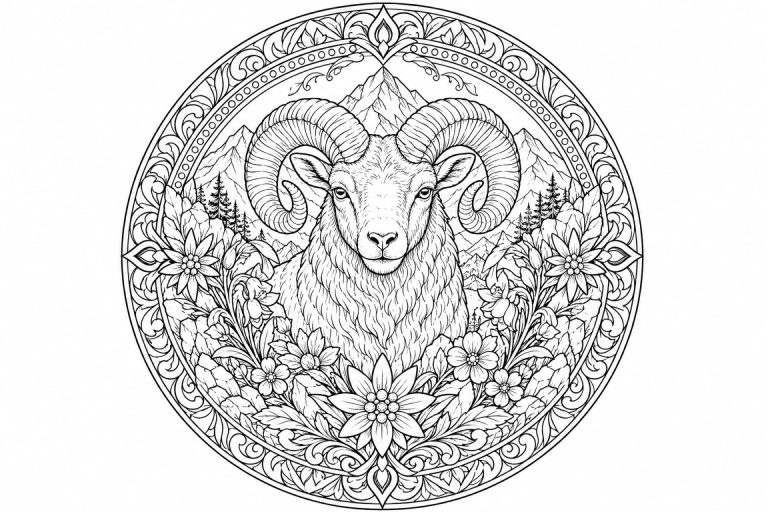 Widder-Alpenmandala - Ausmalbild ab Erwachsene