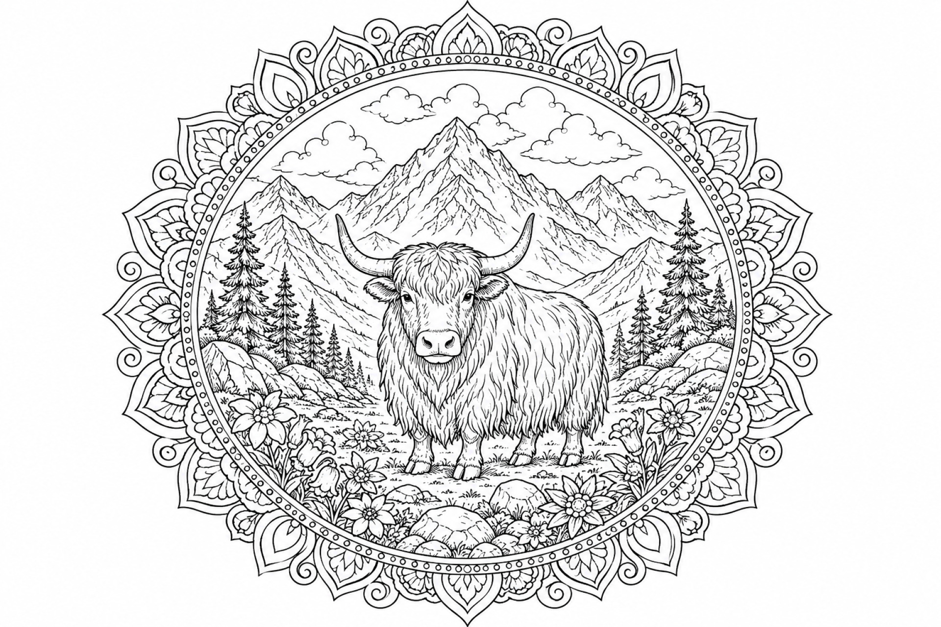 Yak-Alpenmandala - Ausmalbild ab Erwachsene