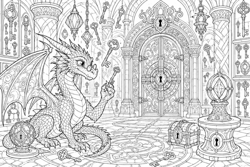Der magische Tresor der Drachen - Ausmalbild ab 11 Jahren