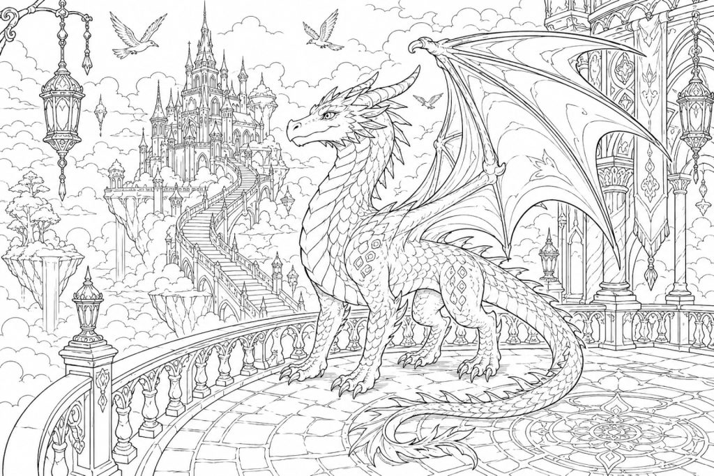 Drache auf dem Balkon des Schlosses - Ausmalbild ab 11 Jahren
