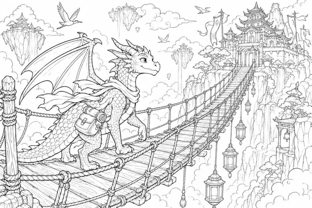 Drache auf der Hängebrücke zum Tempel - Ausmalbild ab 11 Jahren