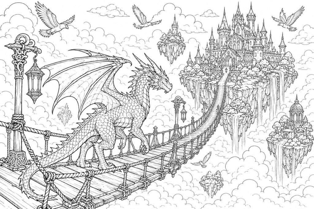 Drachenbrücke zum schwebenden Schloss - Ausmalbild ab 11 Jahren