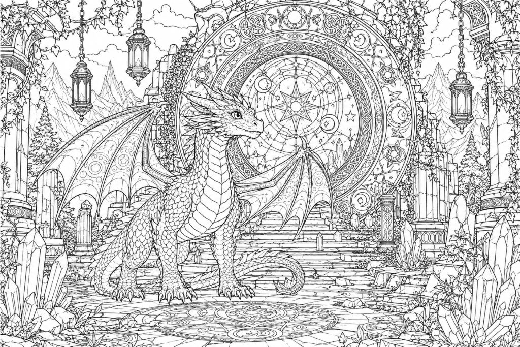 Drachenwacht am Sternenportal - Ausmalbild ab 11 Jahren
