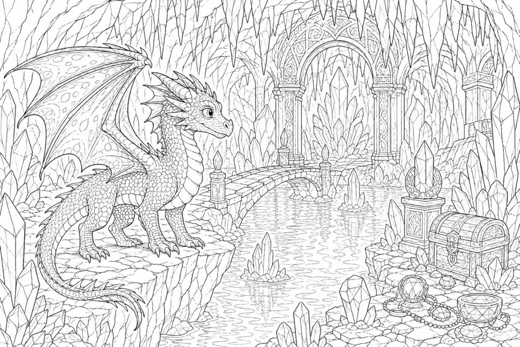 Junger Drache im kristallinen Höhlenreich - Ausmalbild ab 11 Jahren