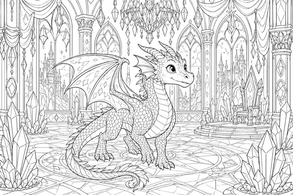 Kleiner Drache im Kristallpalast - Ausmalbild ab 11 Jahren