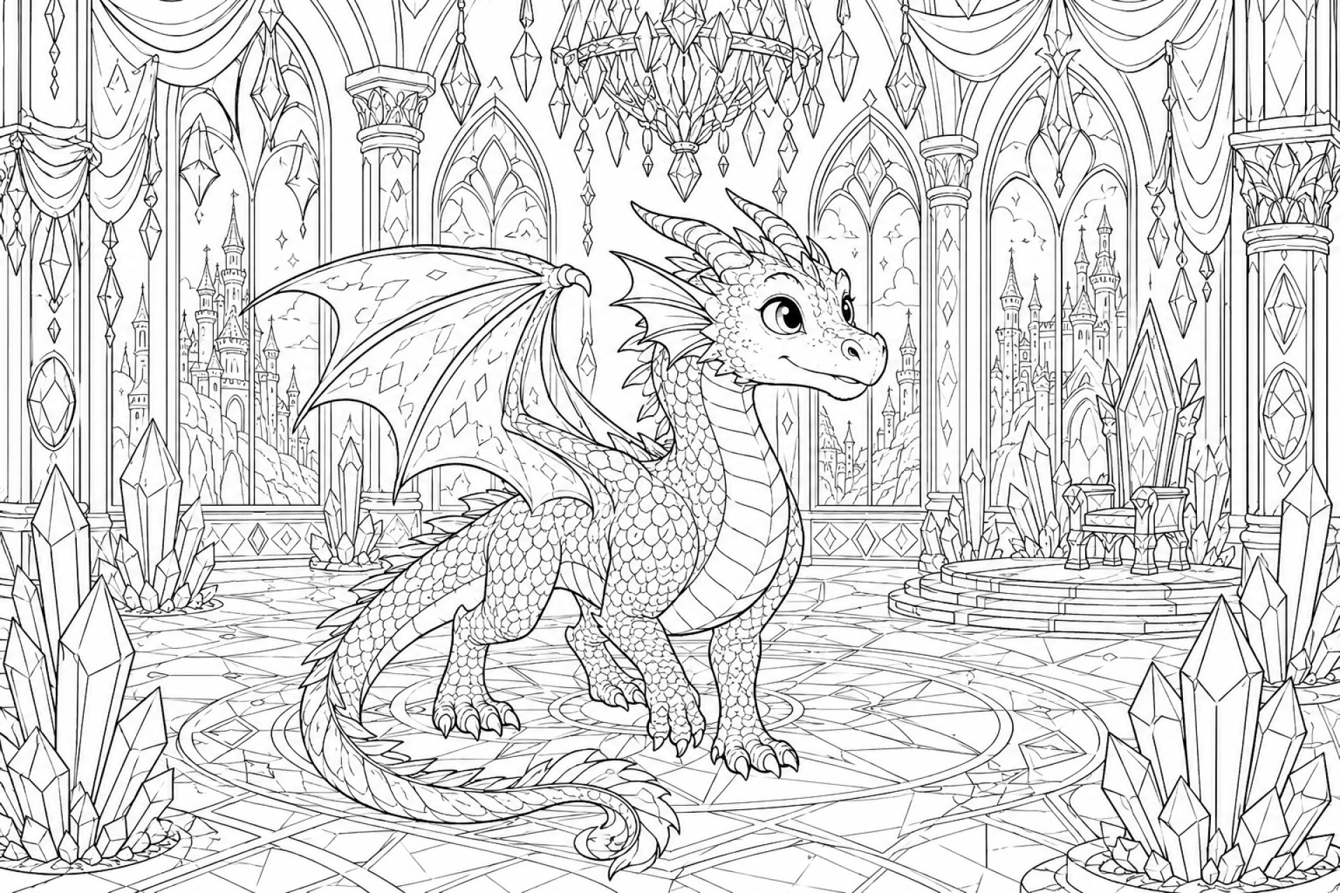 Kleiner Drache im Kristallpalast - Ausmalbild ab 11 Jahren