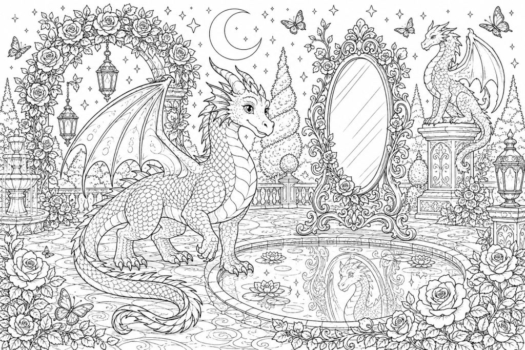 Magischer Garten mit freundlichem Drachen - Ausmalbild ab 11 Jahren