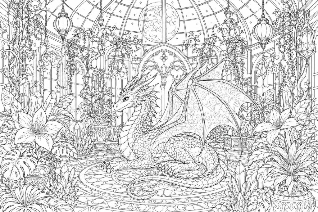 Mondschein und Drache im Gewächshaus - Ausmalbild ab 11 Jahren