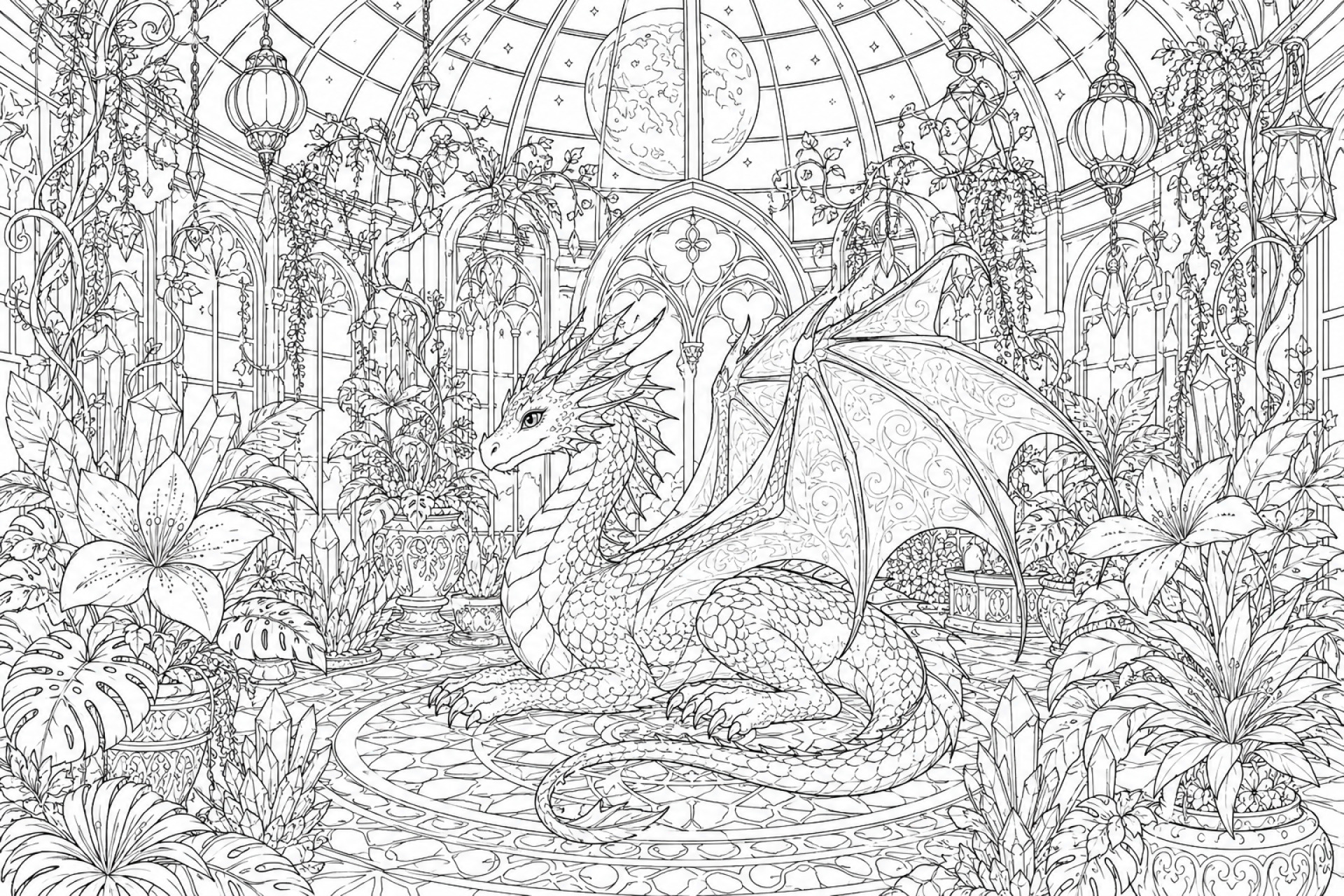 Mondschein und Drache im Gewächshaus - Ausmalbild ab 11 Jahren