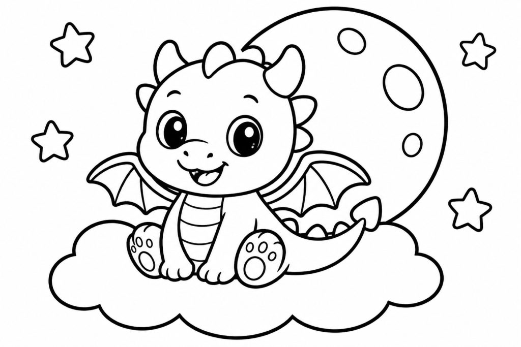 Kawaii Drache auf einer Wolke - Ausmalbild ab 2 Jahren