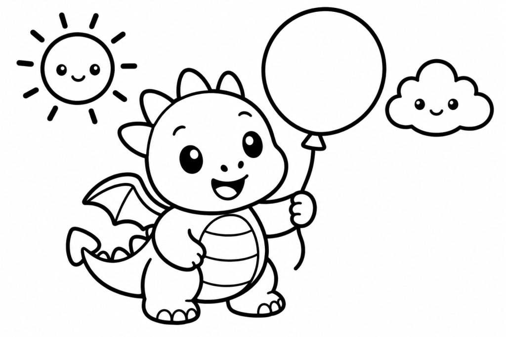 Kawaii Drache mit Ballon und Sonne - Ausmalbild ab 2 Jahren