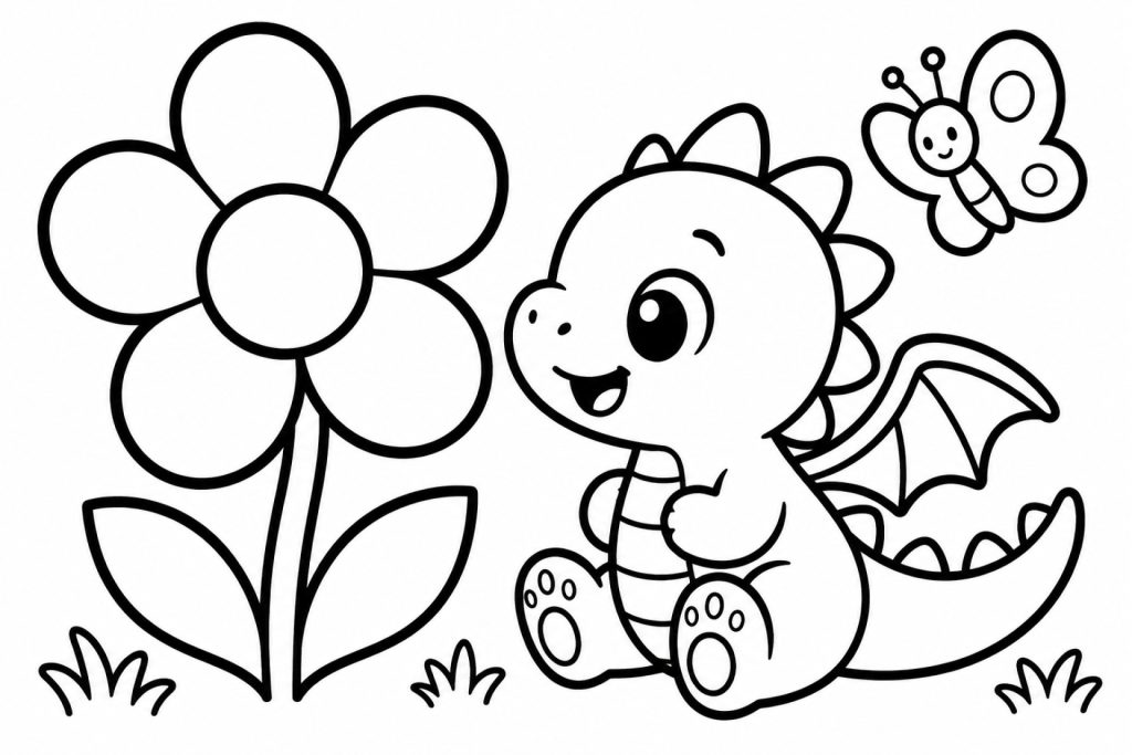 Kawaii Drache mit Blume und Schmetterling - Ausmalbild ab 2 Jahren