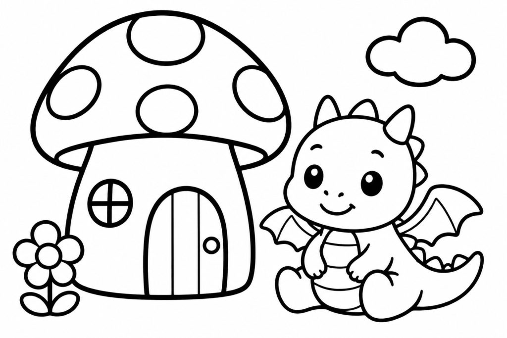 Kawaii Märchenhaus mit Drache und Blume - Ausmalbild ab 2 Jahren