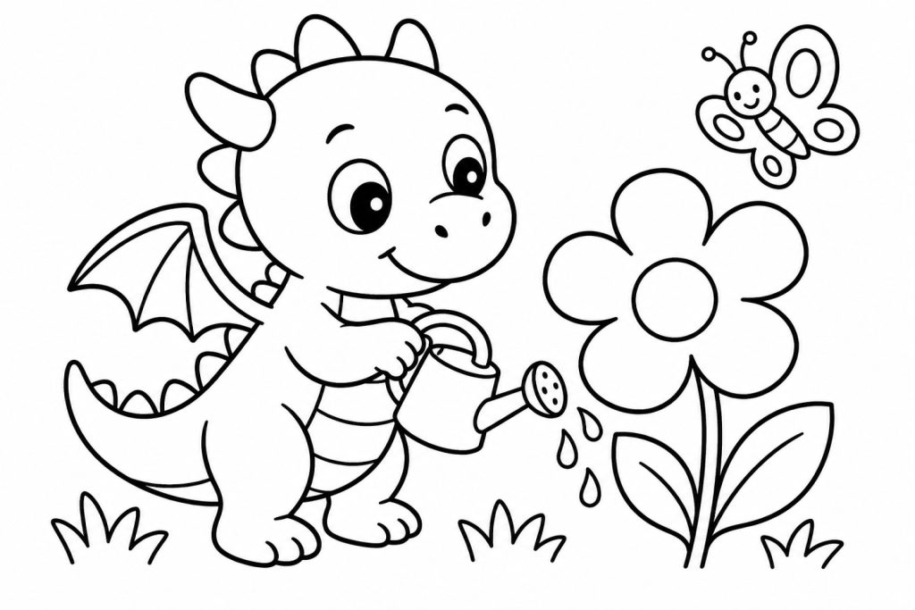Kleiner Drache gießt eine Blume - Ausmalbild ab 2 Jahren