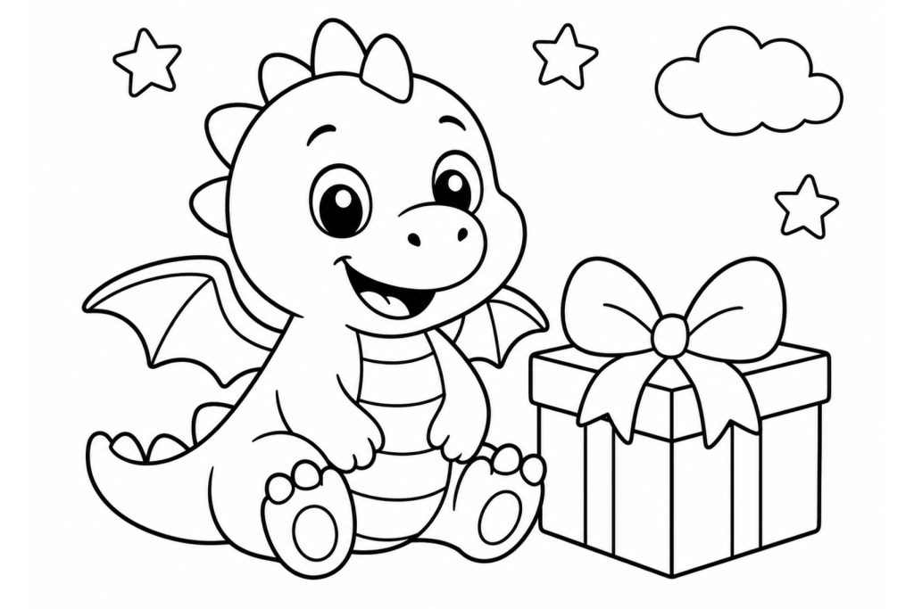 Kleiner Drache mit Geschenkbox - Ausmalbild ab 2 Jahren