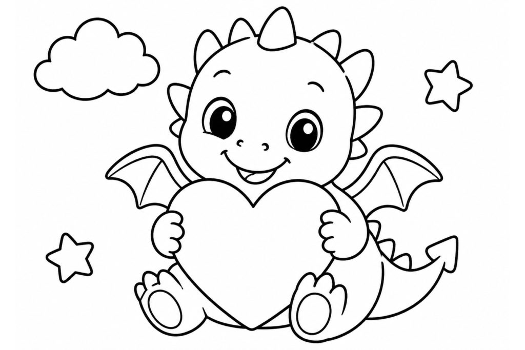 Kleiner Drache mit Herz und Sternen - Ausmalbild ab 2 Jahren