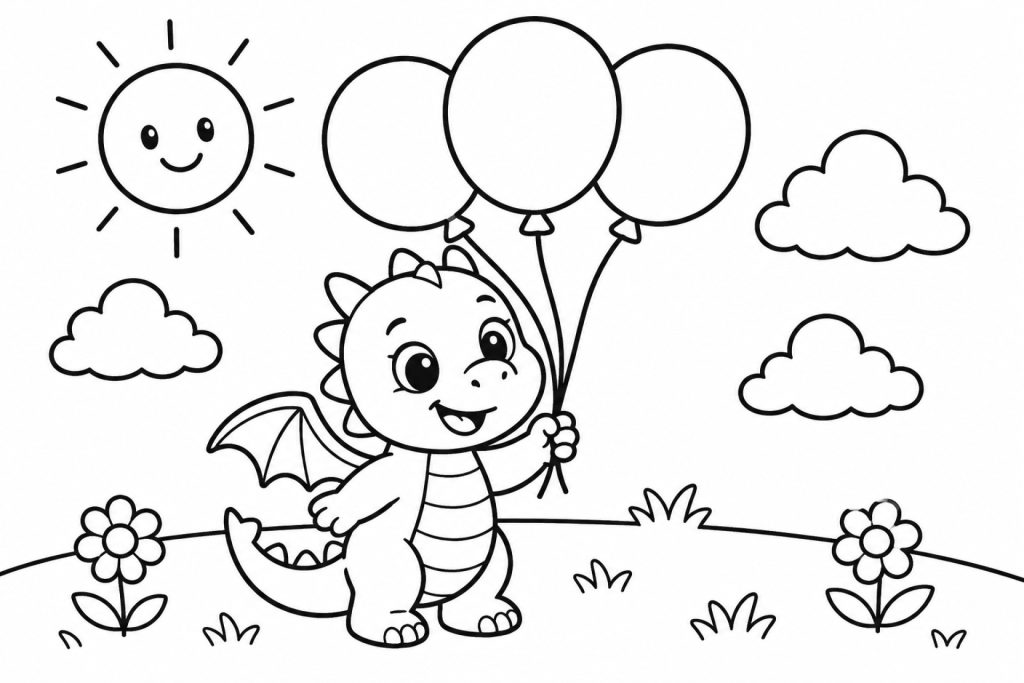 Kleiner Drache mit Luftballons im Sonnenschein - Ausmalbild ab 2 Jahren