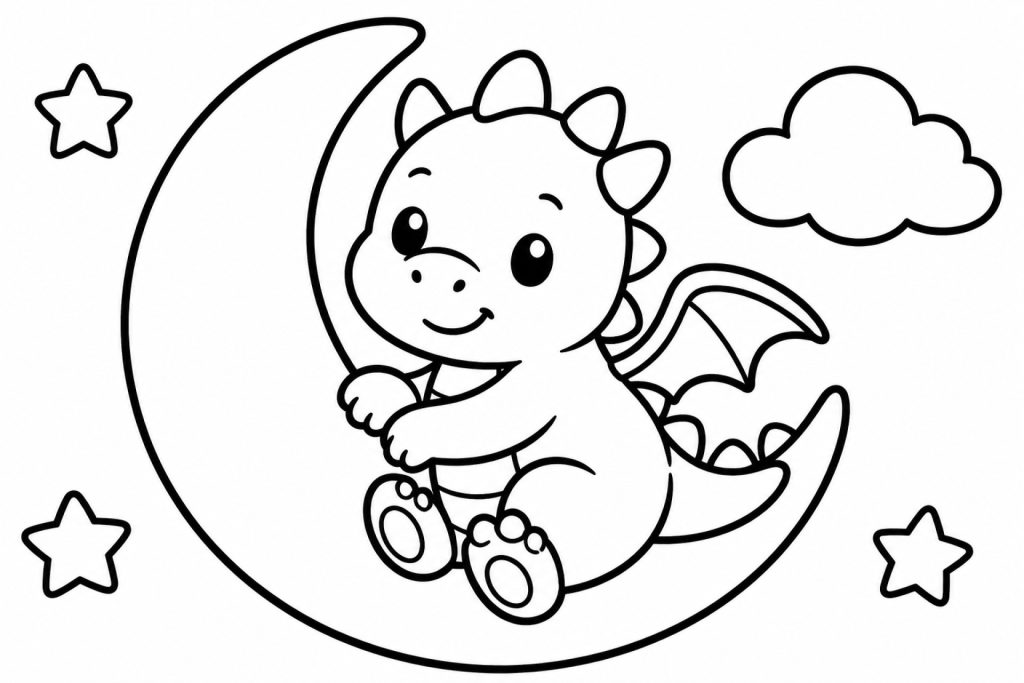 Kleines Drachenbaby auf dem Mond - Ausmalbild ab 2 Jahren