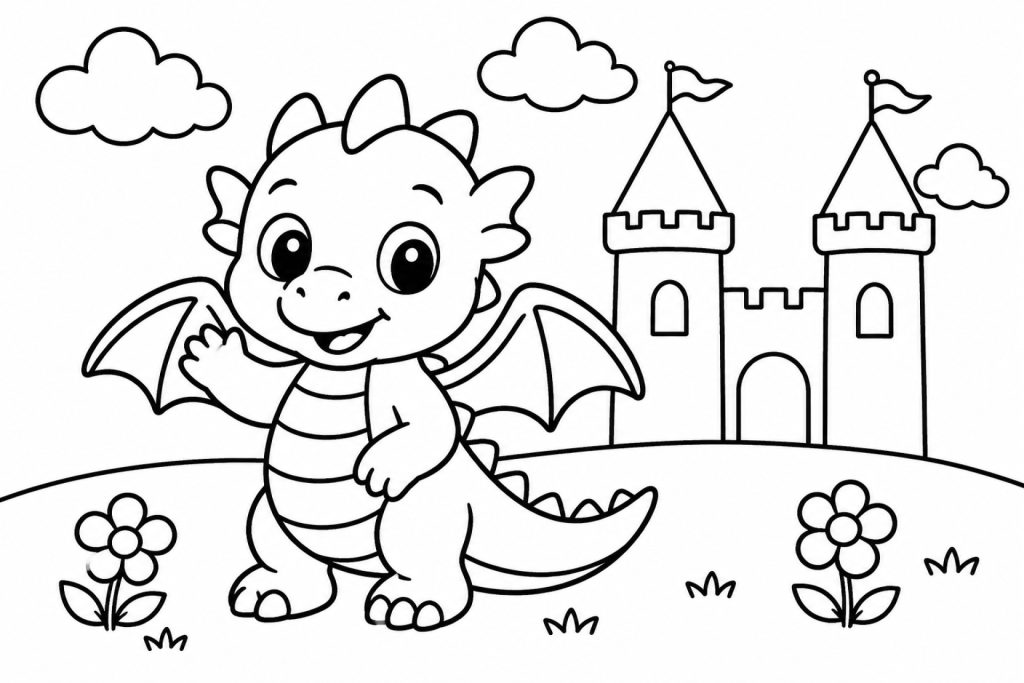 Kuscheliger Drache vor Schloss und Wolken - Ausmalbild ab 2 Jahren