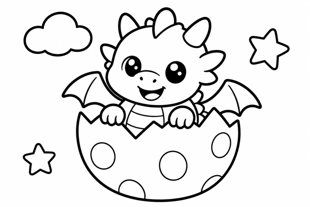 Niedlicher Babydrache schlüpft aus dem Ei - Ausmalbild ab 2 Jahren