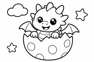 Niedlicher Babydrache schlüpft aus dem Ei - Ausmalbild ab 2 Jahren