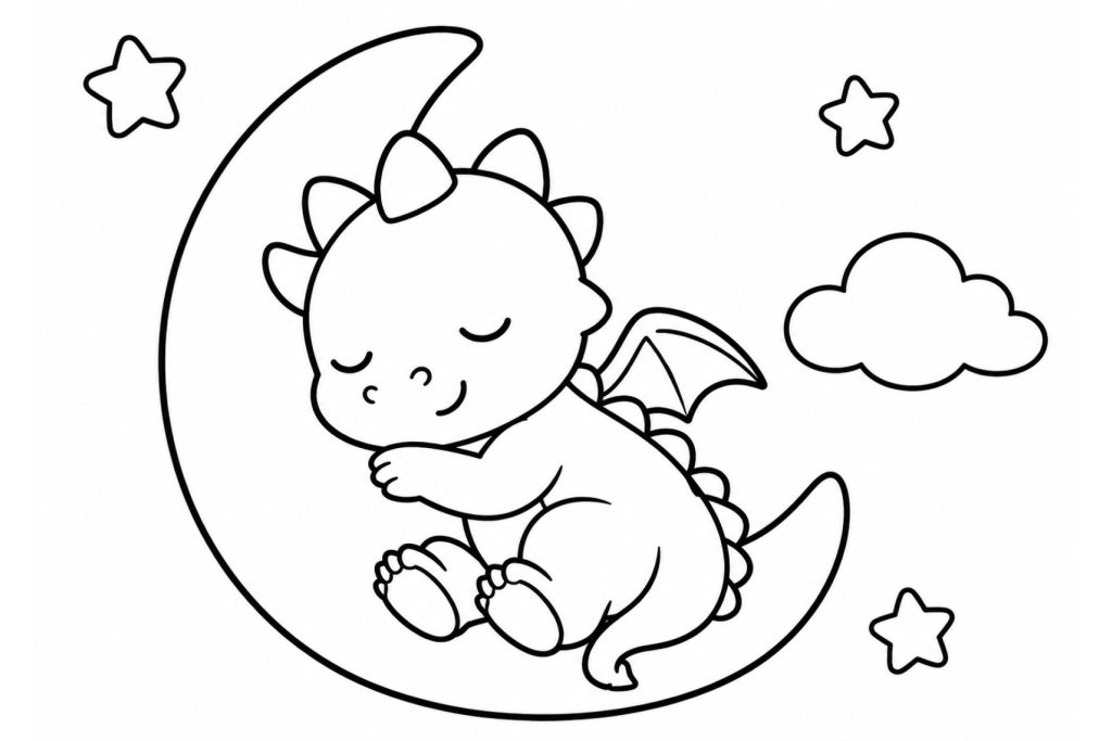 Schlafender Drache auf dem Mond - Ausmalbild ab 2 Jahren