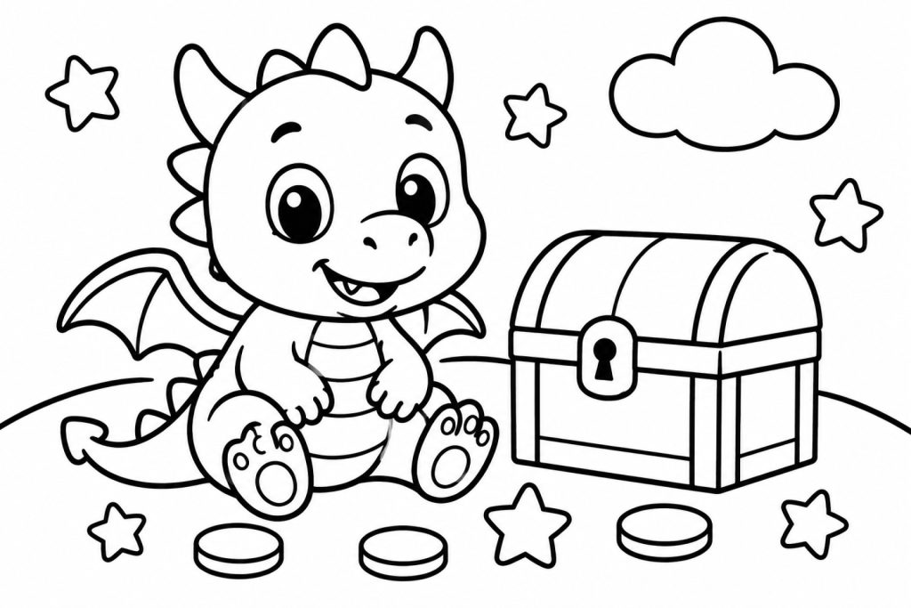Süßer Babydrache mit Schatztruhe - Ausmalbild ab 2 Jahren