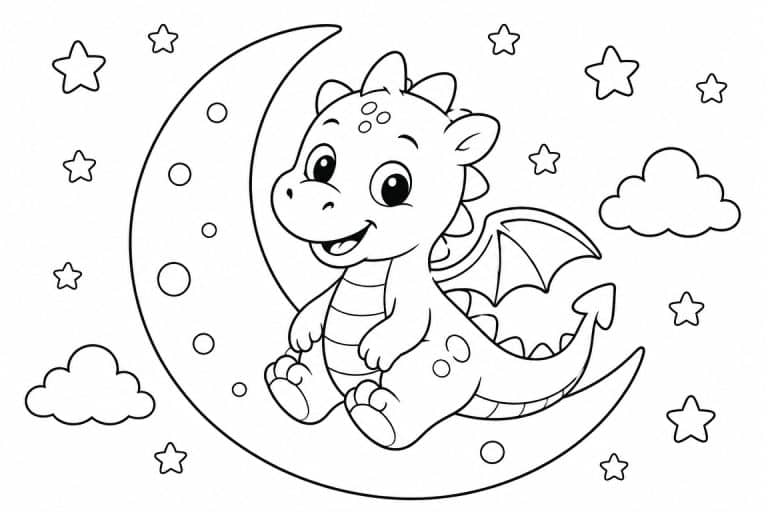 Baby Drache auf dem Mond - Ausmalbild ab 4 Jahren