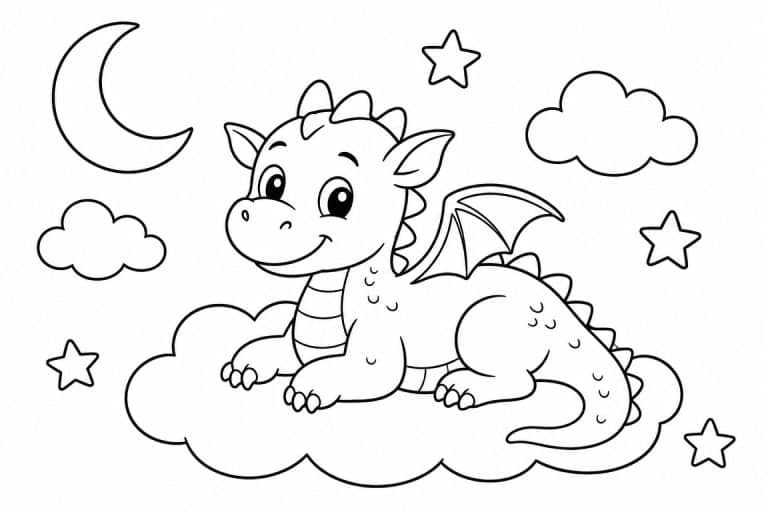 Drache auf einer Wolke im Mondschein - Ausmalbild ab 4 Jahren